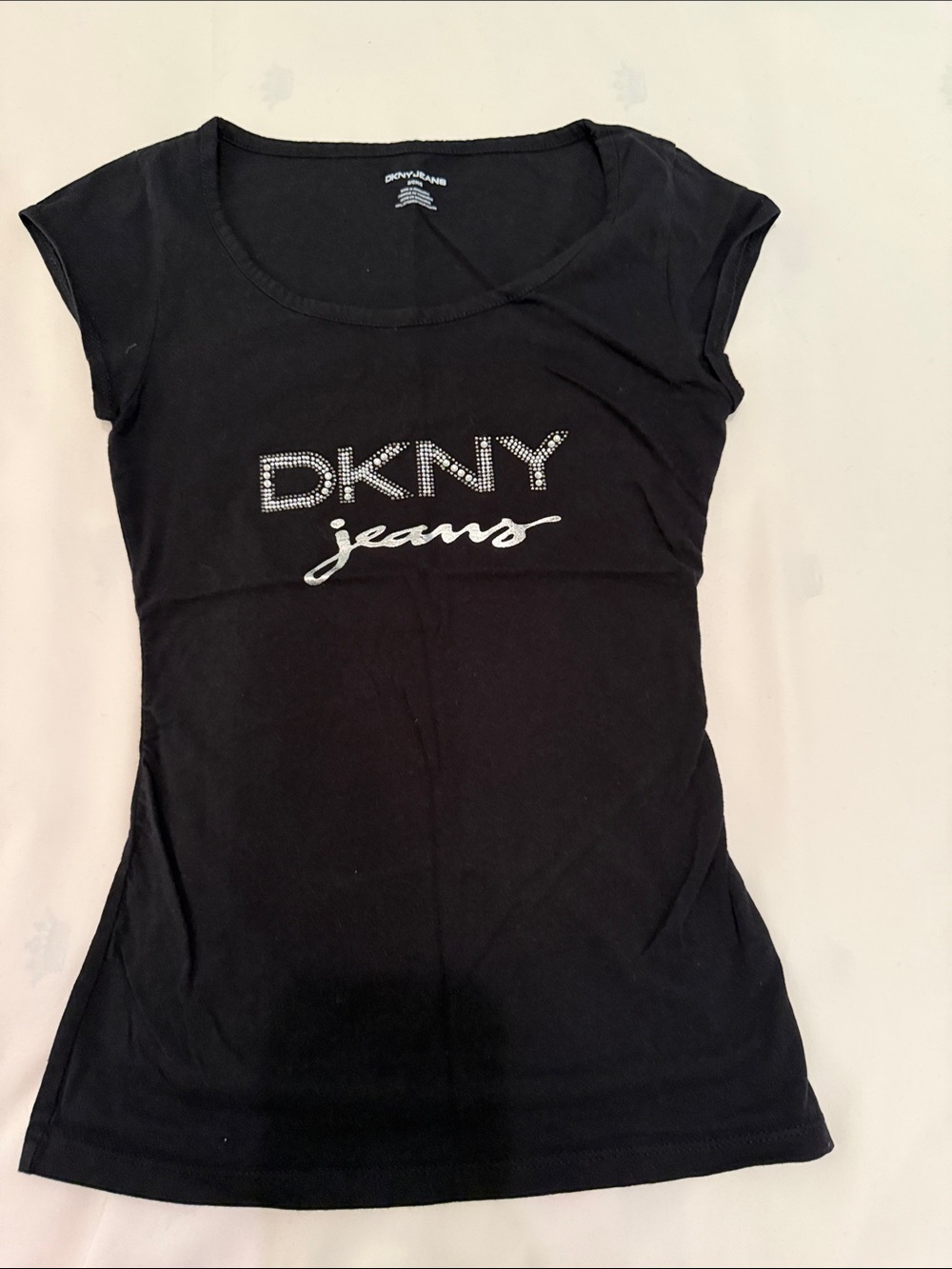 DKNY Black Short Sleeve Scoop Neck Tee with Rhinestone Logo